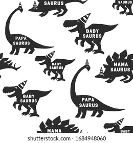 Gute Dinosaurierfamilie nahtlos. Monochrome Dino Mama, Papa und Baby. Comic-Druck für Kinderbekleidung. Cartoon Monster Vektorillustration Illustration. Schwarze Elemente auf weißem Hintergrund.