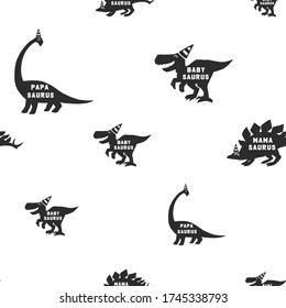 Happy dinosaur family seamless. Monochrome Dino mama, papa and baby. Comic style print for kids stuff decoration. Cartoon monster vector illustration. Black elements on white background.