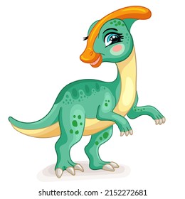 Happy dinosaur green parasaurolophus. Cute cartoon character. Vector isolated illustration. For print, design, advertising, cards, stationery, t-shirt, textiles and sublimation