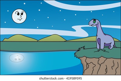 Happy dinosaur and moon