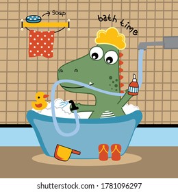 the happy of dinosaur on the bath room,funny animal cartoon,vector illustration
