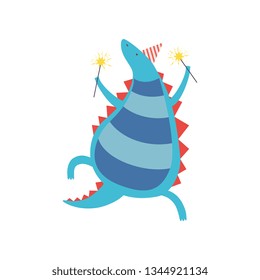 Happy Dinosaur in Party Hat with Sparklers, Cute Colorful Dino Character, Happy Birthday Party Design Element Vector Illustration