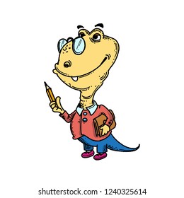 Happy dinosaur with pencil in hand and bag in other hand with glasses and suit.