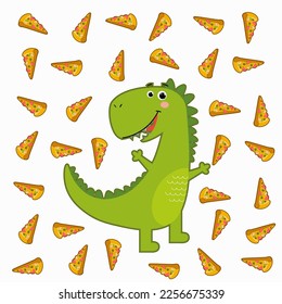 fröhliche Dinosaurier und Pizzen. Vektorgrafik