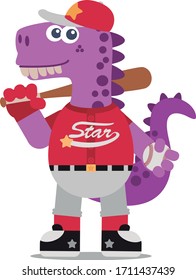 Happy dinosaur playing baseball. Cartoon style. Vector illustration. Flat design style.