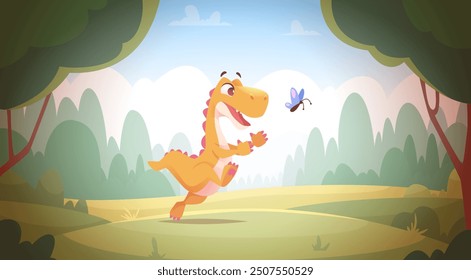 Happy dinosaur. Reptile in action poses dinosaur outdoor exact vector background in cartoon style