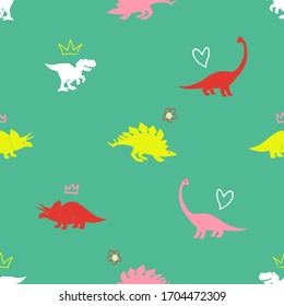 Happy dinosaur seamless. Baby girl and boy pattern with stegosaurus, triceratops, brachiosaurus and cute tyrannosaur decorated crowns and flowers. Vector doodle illustration for cool t-shirt prints. 