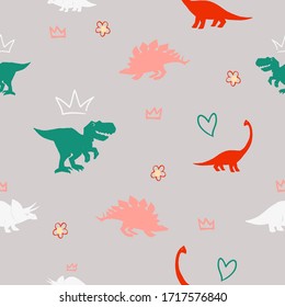 Happy dinosaur seamless. Baby girl and boy pattern with stegosaurus, triceratops, brachiosaurus and cute tyrannosaur decorated crowns and flowers. Vector doodle illustration for cool t-shirt prints. 