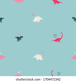 Happy dinosaur seamless on blue background. Baby girl and boy pattern with stegosaurus, triceratops, brachiosaurus and cute tyrannosaur decorated crowns and flowers. Vector doodle for t-shirt prints.