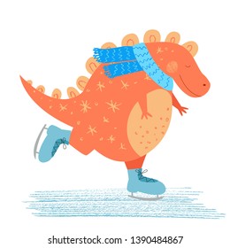 Happy dinosaur skating  Cute animal love sport  Vector background  Isolated hand drawn illustration  Character for kids  Pencil texture 