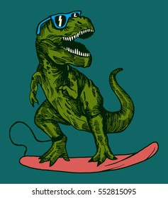 Happy Dinosaurier Surfer mit Sonnenbrillen Zeichnung.