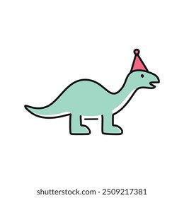 Happy dinosaur wearing a party hat. A cute green dinosaur wearing a festive pink party hat, signifying joy, celebration, and the importance of embracing life's special moments.