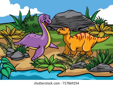 happy dinosaurs cartoon in the nature