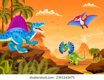 Happy Dinosaurs In Prehistoric Desert Land Scene Illustration, For Children Book