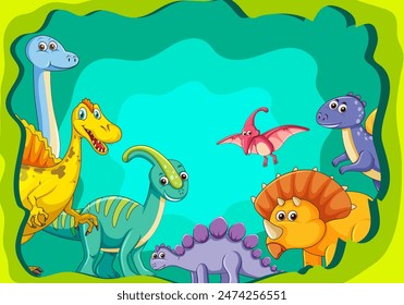 Happy dinosaurs in a vibrant jungle scene