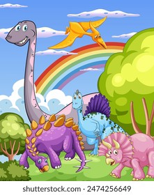 Happy dinosaurs in a vibrant landscape
