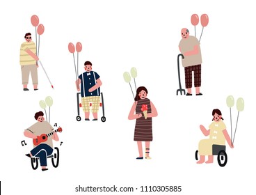 happy disability people with balloon character design set
