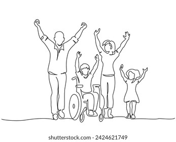 Happy disabled boy with his family together outdoor. Continuous one line drawing vector illustration. Hand drawn art