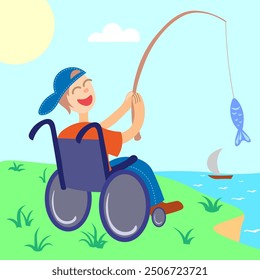 happy disabled boy in a wheelchair catching fish