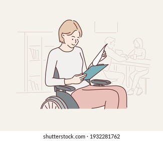  happy disabled Businesswoman on Wheelchair in modern office. Hand drawn style vector design illustrations.