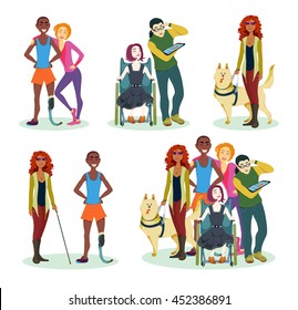 Happy disabled Children with friends: Special needs teenager, artificial limb, embraces, girl in wheelchair,training,help...Caring for Handicapped Kids.Hand drawn Vector illustration,Isolated on white