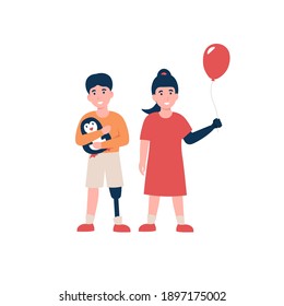 Happy disabled children. Kids with modern prosthetic hand and leg. Flat vector cartoon illustration.