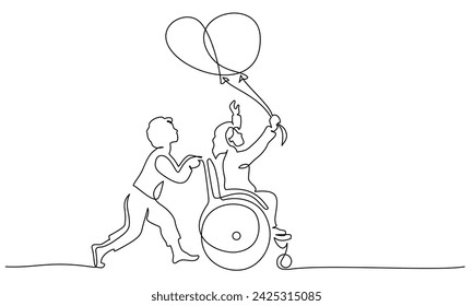 Chica discapacitada feliz con globos y niño sano corren al aire libre. Amigos junto con discapacitados. Ilustración vectorial de dibujo continuo de una línea. Arte dibujado a mano