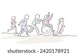 Happy disabled girl and healthy children run together outdoor. Friends together with disabled. Continuous one line drawing vector illustration with color spot. Hand drawn art