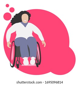 Happy Disabled Girl On A Wheelchair. The Sportswoman Is Smiling. Vector Illustration On A White Background In A Flat Style.