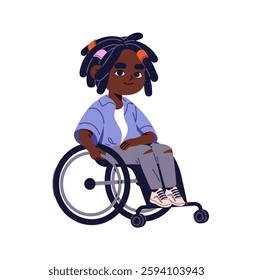 Happy disabled kid walks with wheelchair. Cute black boy rides on wheel chair. Child with paralyzed legs sits in orthopedic equipment, gear. Flat isolated vector illustration on white background
