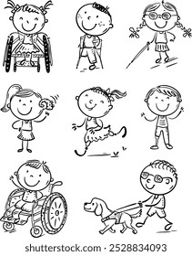 Crianças deficientes felizes com necessidades especiais, crianças deficientes. Meninas e meninos com surdez, cegueira, membros amputados. Conjunto de ilustração de vetor de desenhos animados preto e branco