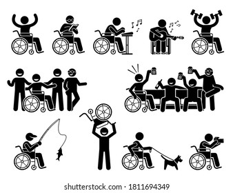 Happy Disabled Man Doing Various Activities, Hobbies, And Leading A Normal Life Stick Figures Icons. Vector Illustrations Of A Person On Wheelchair Having A Good Social Life, Exercise, And Recreation.