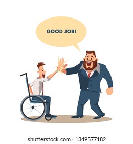 Happy Disabled Man Give High Five Coworker in Suit. Office Worker Sitting in Wheelchair Joy. Colleague Celebrating Succsess, Having Fun. Good Job Sign. Cartoon Flat Vector Illustration