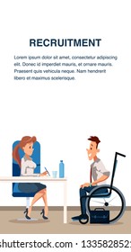 Happy Disabled Man Join Office Team. Job Interview. Male Employee Character Sit In Wheelchair. Woman Manager At Work Desk Write Down. Conversation At Modern Workplace. Cartoon Flat Vector Illustration