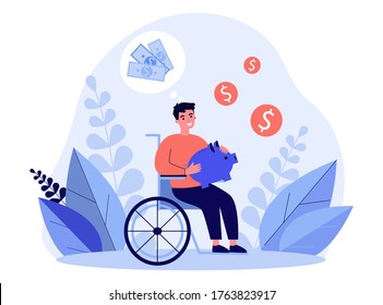 Happy Disabled Man Saving Money. Person In Wheelchair Holding Piggy Bank And Thinking Of Money Flat Vector Illustration. Disability, Finance Concept For Banner, Website Design Or Landing Web Page