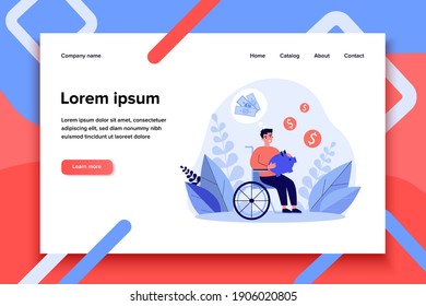 Happy disabled man saving money. Person in wheelchair holding piggy bank and thinking of money flat vector illustration. Disability, finance concept for banner, website design or landing web page