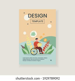 Feliz hombre discapacitado ahorrando dinero. Persona en silla de ruedas sosteniendo un banco de cerdos y pensando en la ilustración del vector plano del dinero. Discapacidad, concepto financiero para banner, diseño de sitios web o página web de aterrizaje