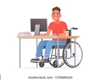 Feliz hombre discapacitado sentado en una silla de ruedas en un escritorio en un computador. Personas discapacitadas en el trabajo. Ilustración vectorial en estilo de caricatura