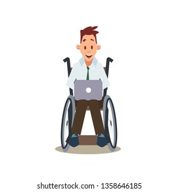 Happy Disabled Man in Wheelchair Work by Laptop. Smiling Male Office Worker Character Sit with Computer. Handicapped Businessman in Formal Suit and Tie. Cartoon Flat Vector Illustration
