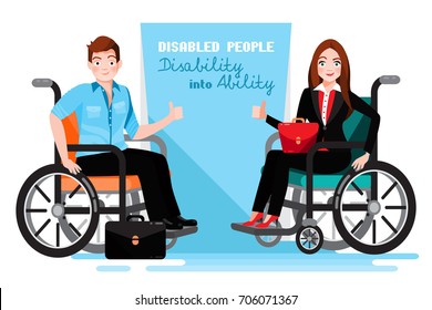 Happy disabled people in a business suits sitting in a wheelchair and showing a thumbs up