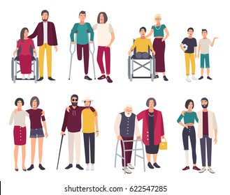 Happy Disabled People With Friends. Cartoon Flat Illustrations Set.
