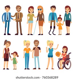 Happy disabled people in sport and social activities. Vector flat characters set. Disabled person in wheelchair illustration