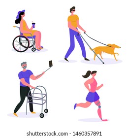 Happy disabled people. Woman runs with prosthesis, blind man with dog guide, girl on wheelchair drinks smoothie cocktail, man with assistive walker. Vector flat illustration