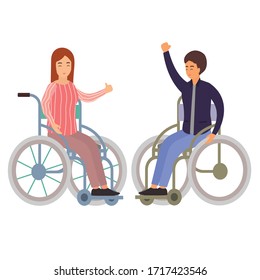 Happy disabled person. Man and woman  disability sitting on wheelchair. Flat cartoon characters. Vector illustration.