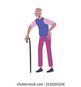 Happy disabled senior man with walking cane flat vector illustration