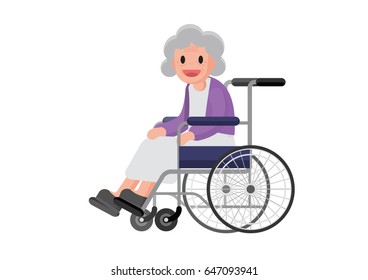 Happy disabled senior women in wheelchair. Old woman sitting in a wheelchair. Vector.