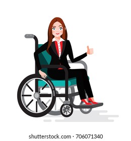 Happy Disabled Woman In A Business Suit Sitting In A Wheelchair And Showing Thumbs Up