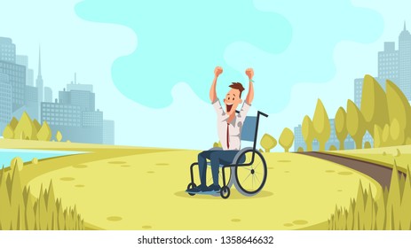 Happy Disabled Worker Cheer in Green City Park. Businessman in Formal Wear Sit in Wheelchair Express Emotion on Summer Lawn. Smiling Character with Special Needs. Cartoon Flat Vector Illustration