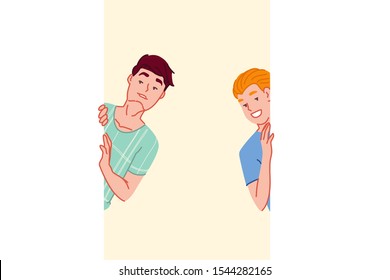 Happy discovery, spying concept. Smiling friends spying and hiding behind wall, caucasian young men looking satisfied, amazed facial expression, positive emotion expression. Simple flat vector