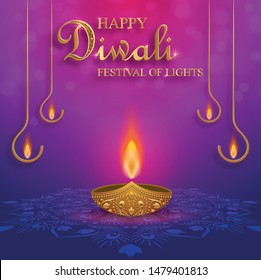 Happy Divali festival, Diya lamp with fire lighting for Diwali, Deepavali or Dipavali, the indian festival of lights on color background